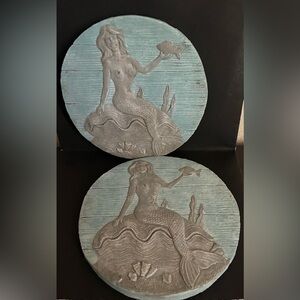 Pair of Round Mermaid Wall Plaques in Aqua and Gray